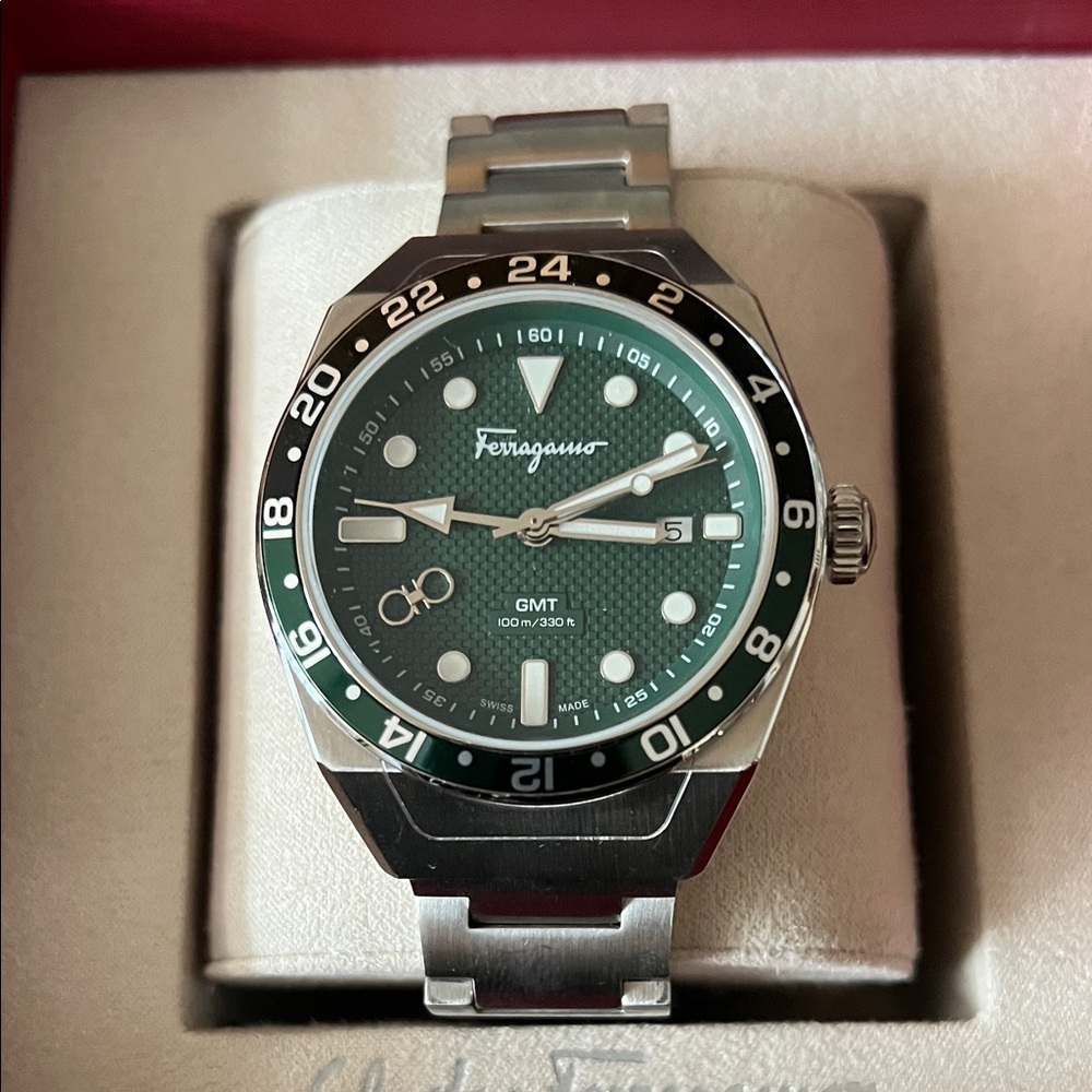 Ferragamo Green and Silver GMT Watch